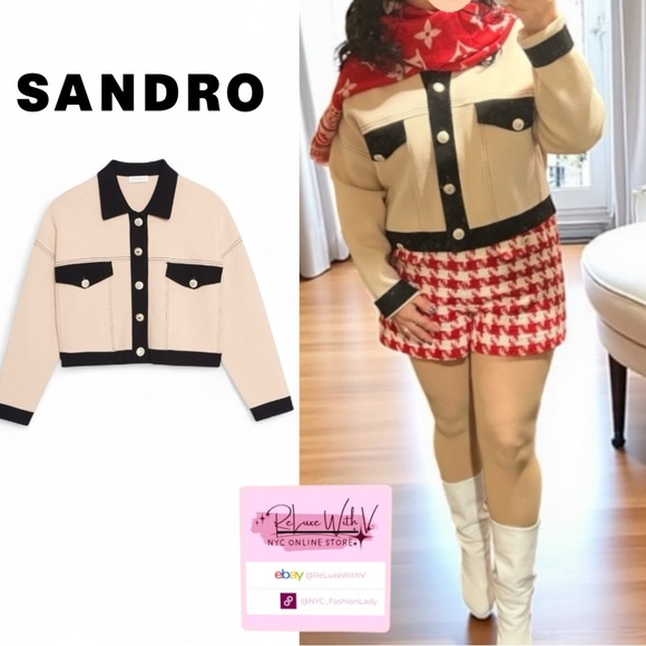 $395 Sandro Paris Cher Cropped Contrast-Trim Knit Cardigan Sweater Jacket Sz 2/M